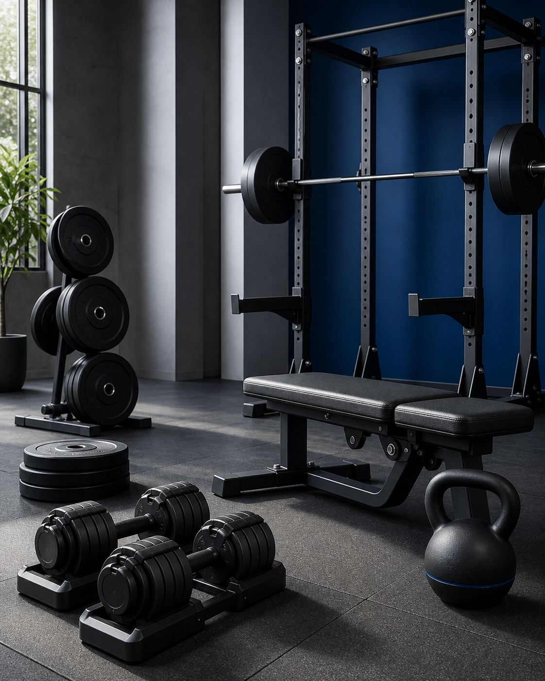 Dumbbells kettlebell and resistance bands in a gym