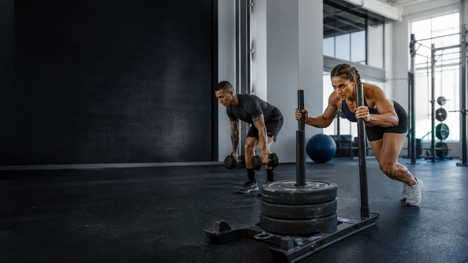 Athletes training with sled and dumbbells in a premium gym